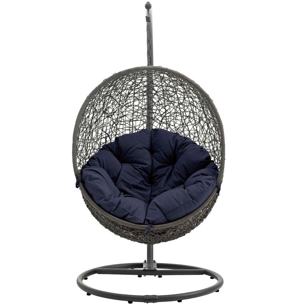 Modway Hide Wicker Rattan Outdoor Patio Porch Lounge Egg Swing Chair Set with Stand in Gray Navy MDY-EEI-2273-GRY-NAV