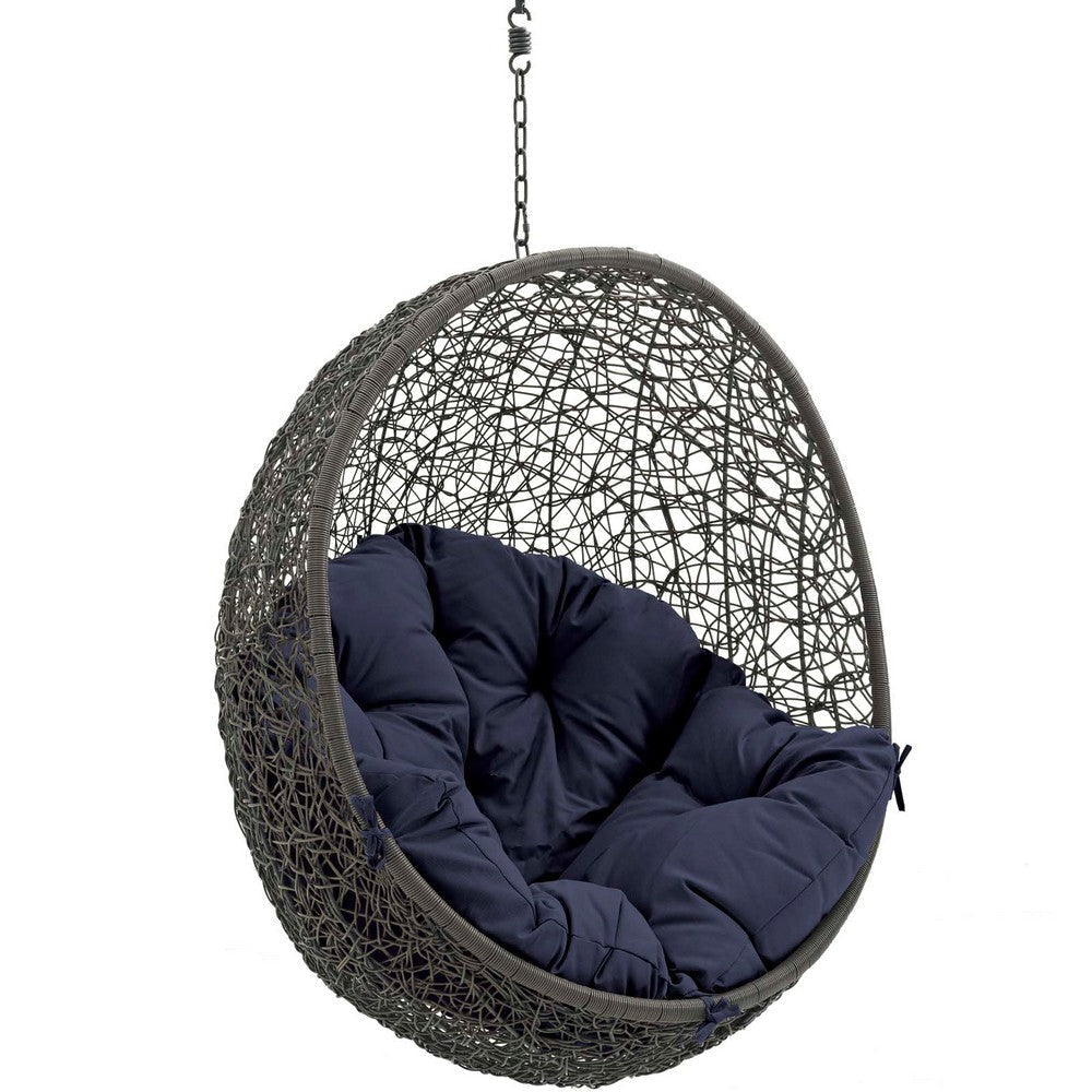 Modway Hide Wicker Rattan Outdoor Patio Porch Lounge Egg Swing Chair Set with Stand in Gray Navy MDY-EEI-2273-GRY-NAV