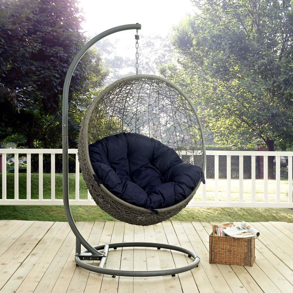 Modway Hide Wicker Rattan Outdoor Patio Porch Lounge Egg Swing Chair Set with Stand in Gray Navy MDY-EEI-2273-GRY-NAV