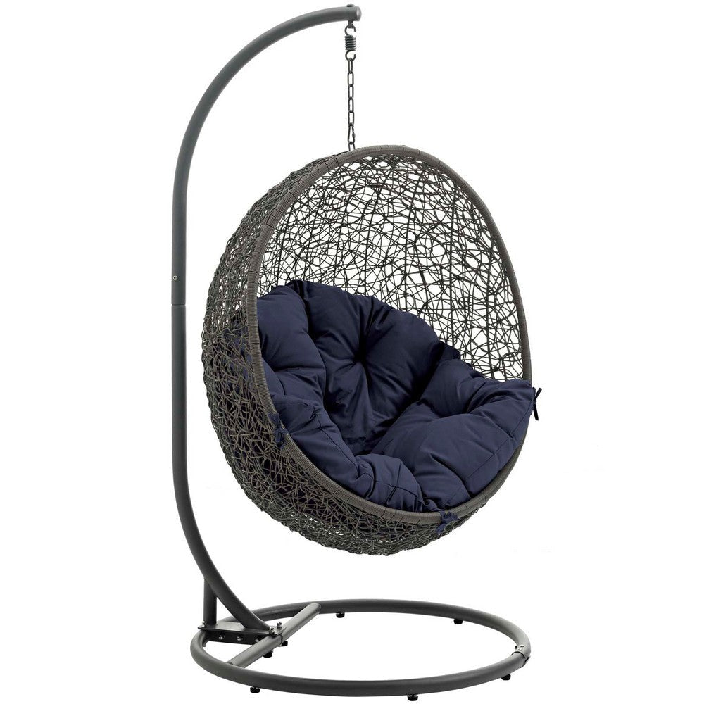 Modway Hide Wicker Rattan Outdoor Patio Porch Lounge Egg Swing Chair Set with Stand in Gray Navy