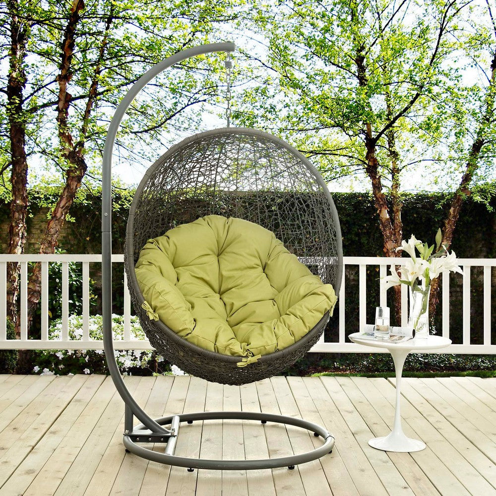 Modway Hide Wicker Rattan Outdoor Patio Porch Lounge Egg Swing Chair Set with Stand in Gray Peridot MDY-EEI-2273-GRY-PER