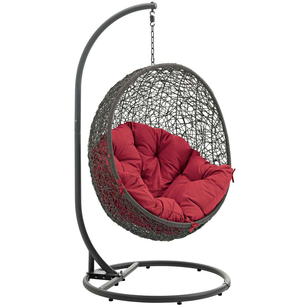 Modway Hide Wicker Rattan Outdoor Patio Porch Lounge Egg Swing Chair Set with Stand in Gray Red