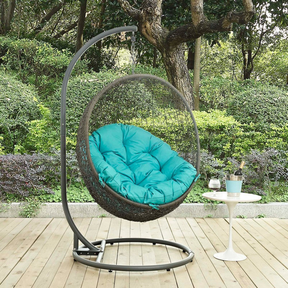 Modway EEI-2273-GRY-TRQ Hide Wicker Rattan Outdoor Patio Porch Lounge Egg Swing Chair Set With Stand Gray Turquoise MDY-EEI-2273-GRY-TRQ