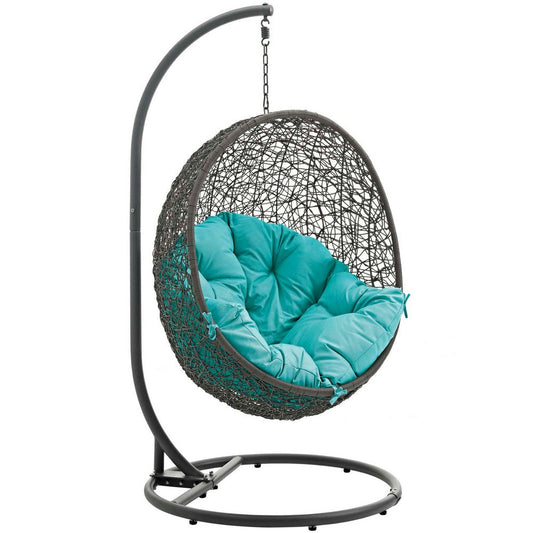 Modway EEI-2273-GRY-TRQ Hide Wicker Rattan Outdoor Patio Porch Lounge Egg Swing Chair Set, With Stand, Gray Turquoise