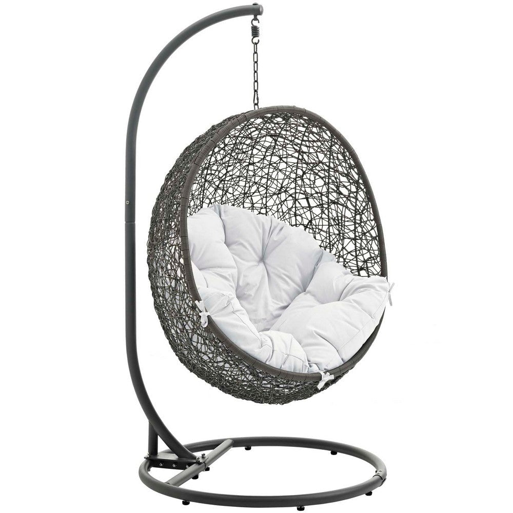 Modway Hide Wicker Rattan Outdoor Patio Porch Lounge Egg Swing Chair Set with Stand in Gray White