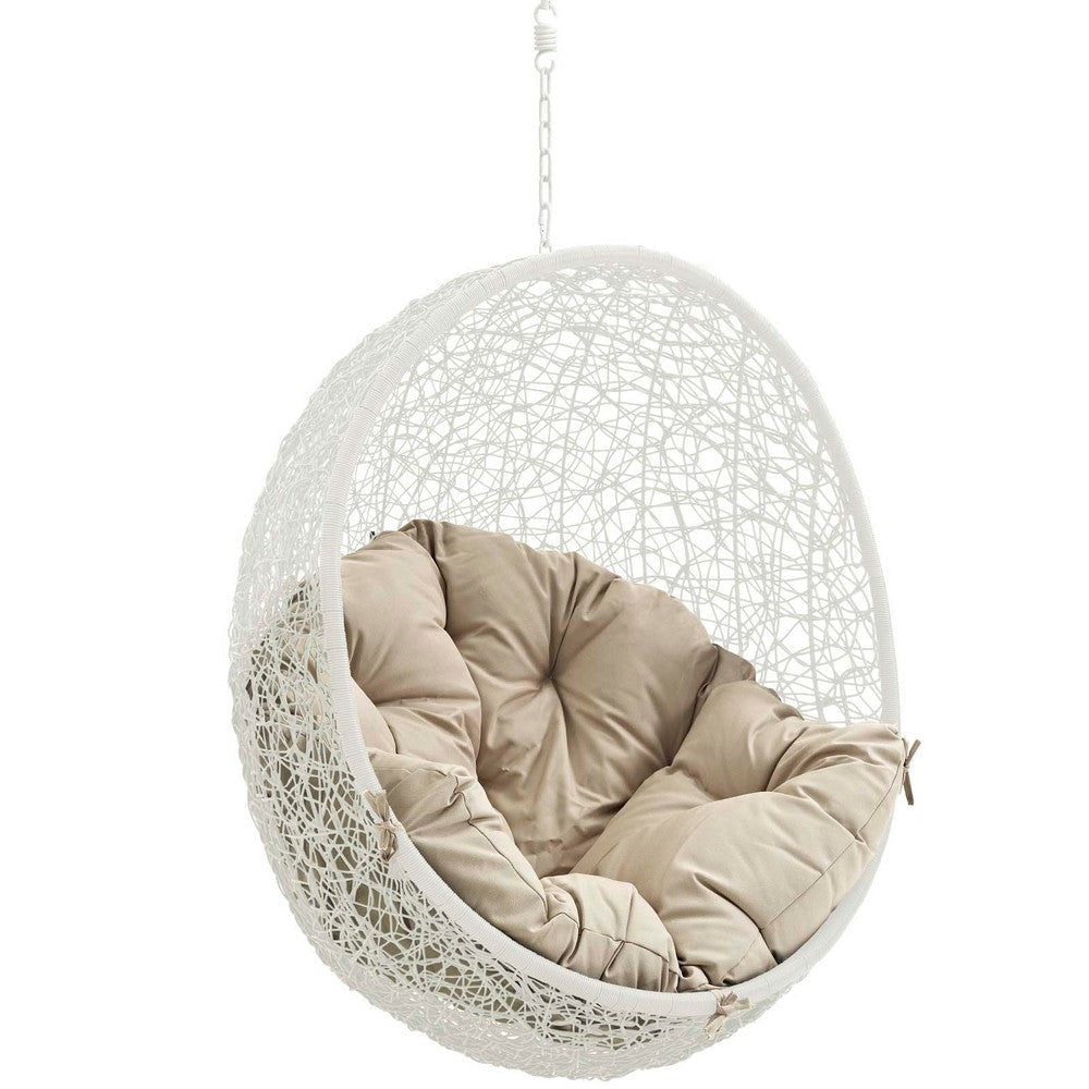 Modway EEI-2273-WHI-BEI Hide Wicker Rattan Outdoor Patio Porch Lounge Egg Set Swing Chair with Stand Beige MDY-EEI-2273-WHI-BEI