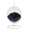 Modway Hide Wicker Rattan Outdoor Patio Porch Lounge Egg Swing Chair Set with Stand in White Navy MDY-EEI-2273-WHI-NAV