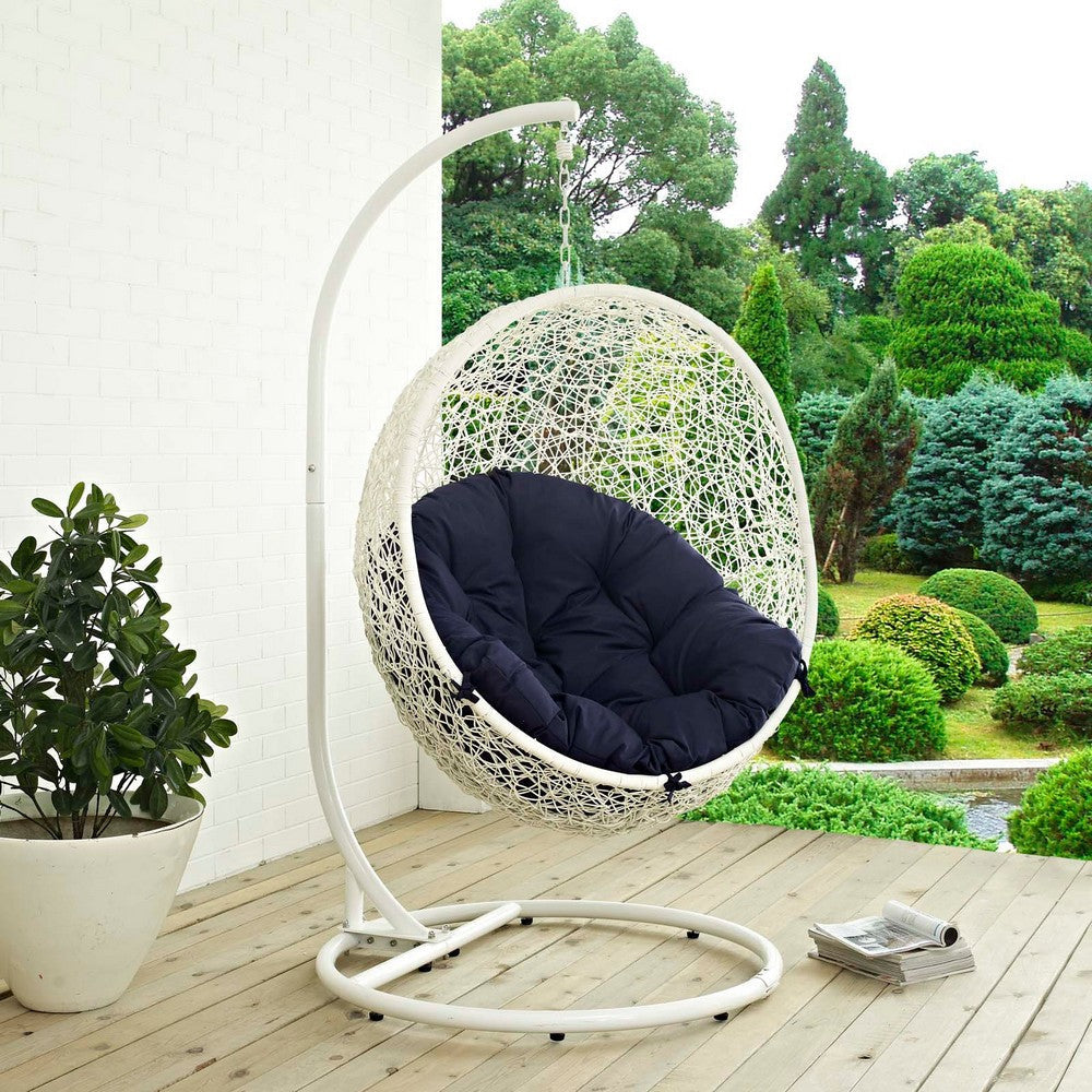 Modway Hide Wicker Rattan Outdoor Patio Porch Lounge Egg Swing Chair Set with Stand in White Navy MDY-EEI-2273-WHI-NAV