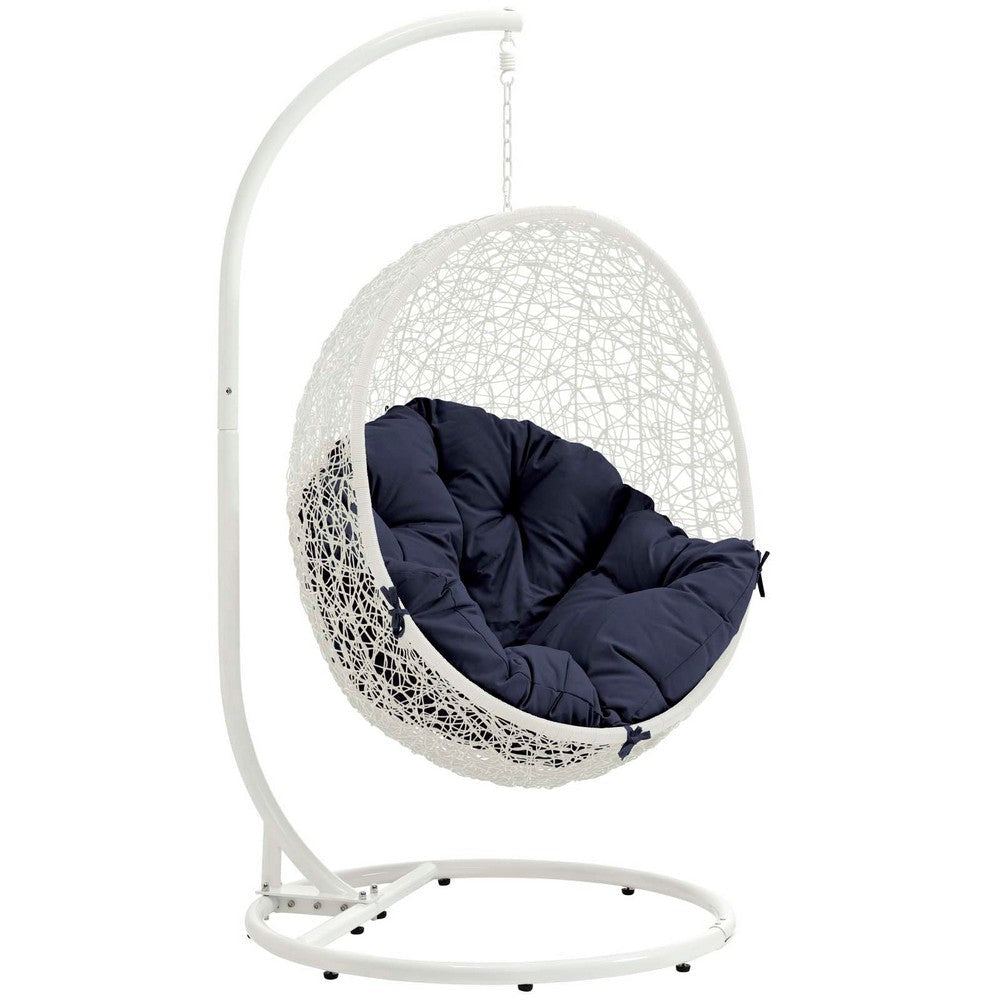 Modway Hide Wicker Rattan Outdoor Patio Porch Lounge Egg Swing Chair Set with Stand in White Navy