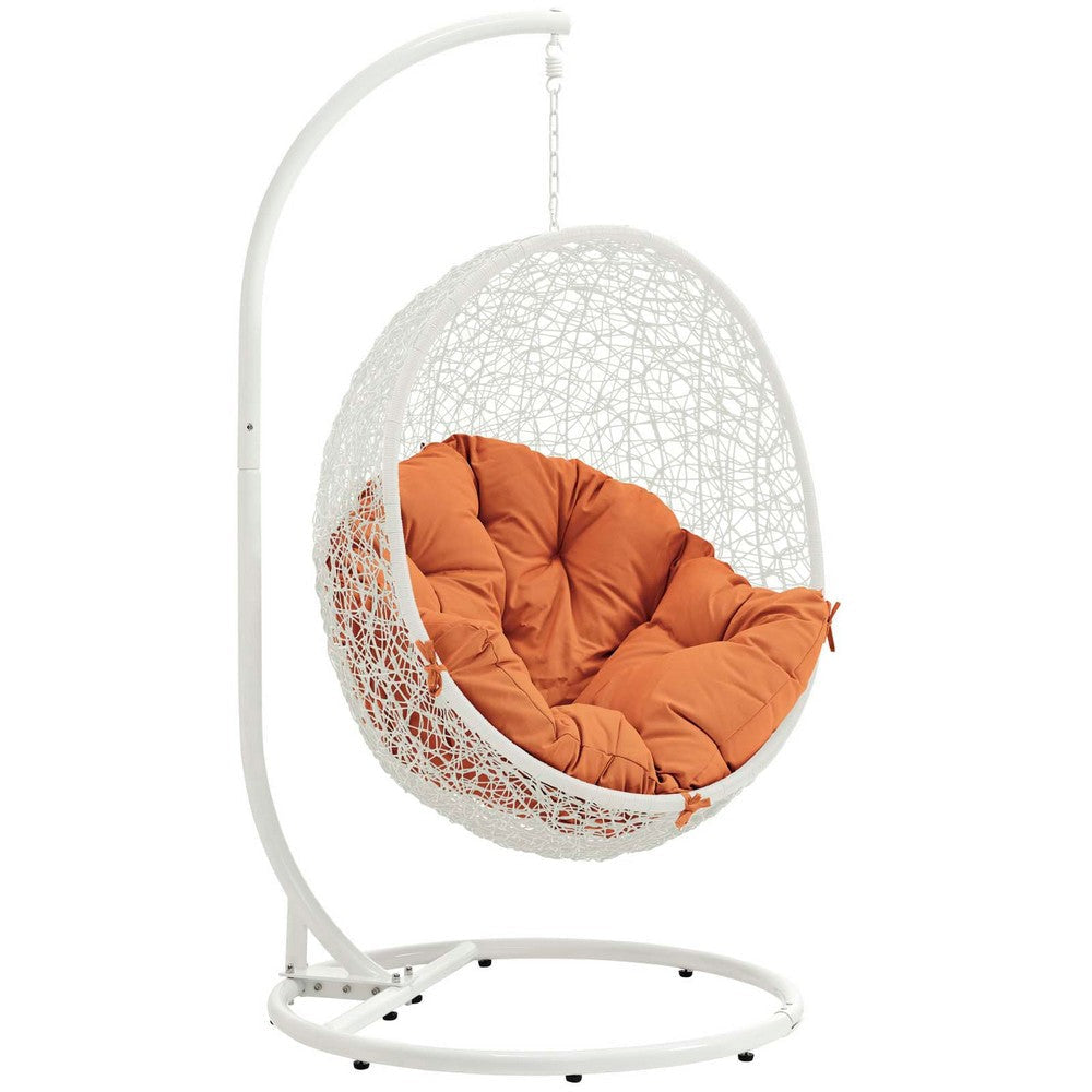 Modway Hide Wicker Rattan Outdoor Patio Porch Lounge Egg Swing Chair Set with Stand in White Orange