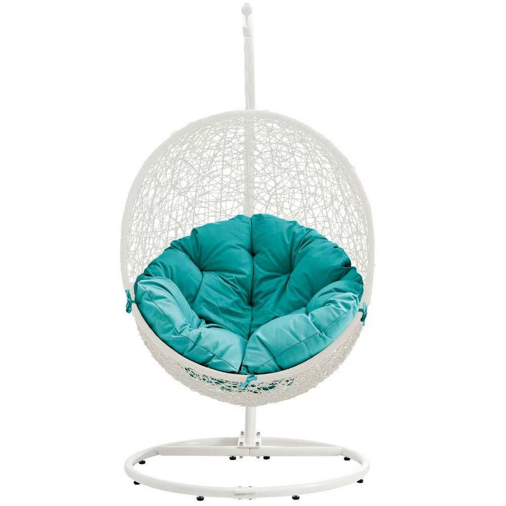 Modway Hide Wicker Rattan Outdoor Patio Porch Lounge Egg Swing Chair Set with Stand in White Turquoise MDY-EEI-2273-WHI-TRQ