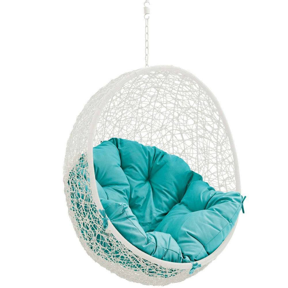 Modway Hide Wicker Rattan Outdoor Patio Porch Lounge Egg Swing Chair Set with Stand in White Turquoise MDY-EEI-2273-WHI-TRQ