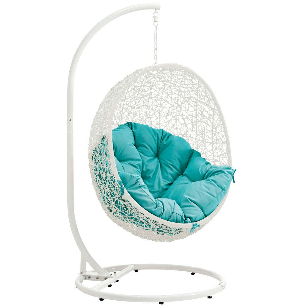 Modway Hide Wicker Rattan Outdoor Patio Porch Lounge Egg Swing Chair Set with Stand in White Turquoise