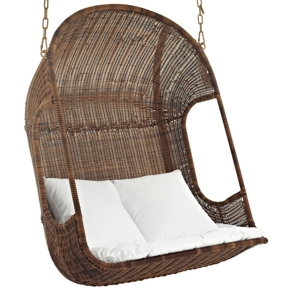 Modway Vantage Wicker Rattan Outdoor Patio Swing Chair with Canopy in Brown White MDY-EEI-2278-BRN-WHI-SET