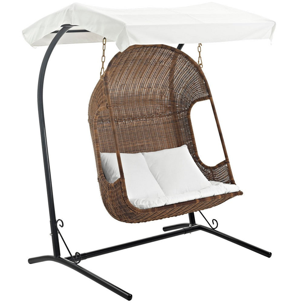 Modway Vantage Wicker Rattan Outdoor Patio Swing Chair with Canopy in Brown White