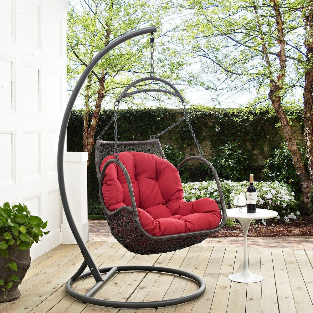 Modway Arbor Wicker Rattan Outdoor Patio Porch Lounge Hanging Swing Chair Set with Stand in Red MDY-EEI-2279-RED-SET