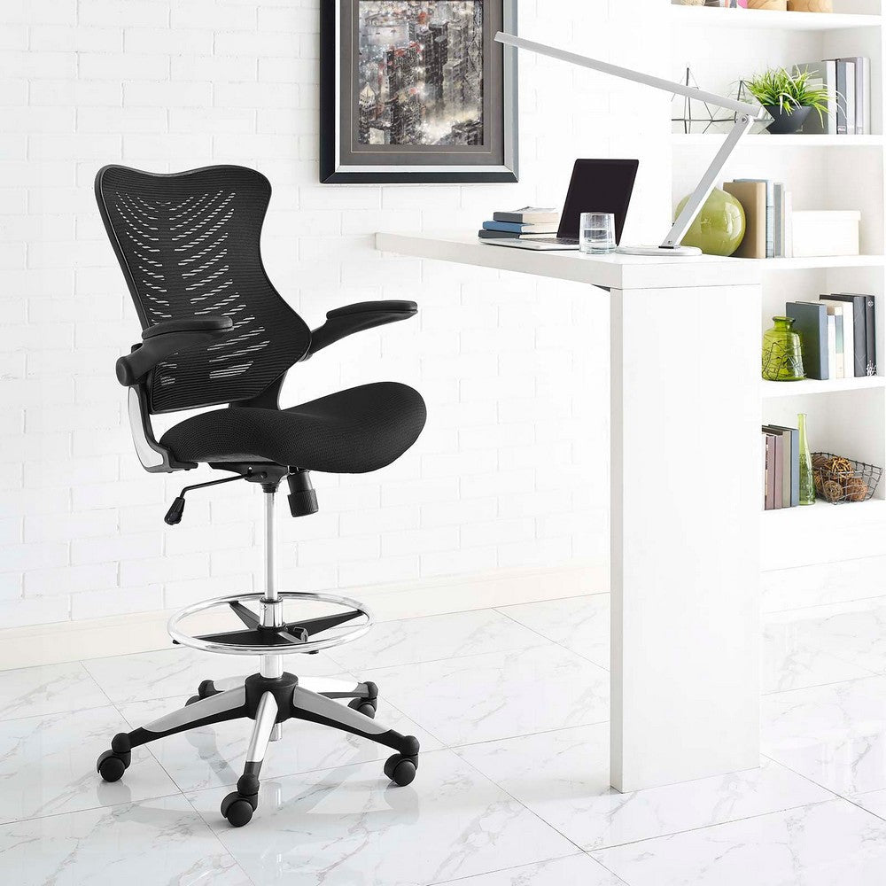 Modway Charge Drafting Chair - Reception Desk Chair - Drafting Stool with Flip-Up Arms in Vinyl, Black