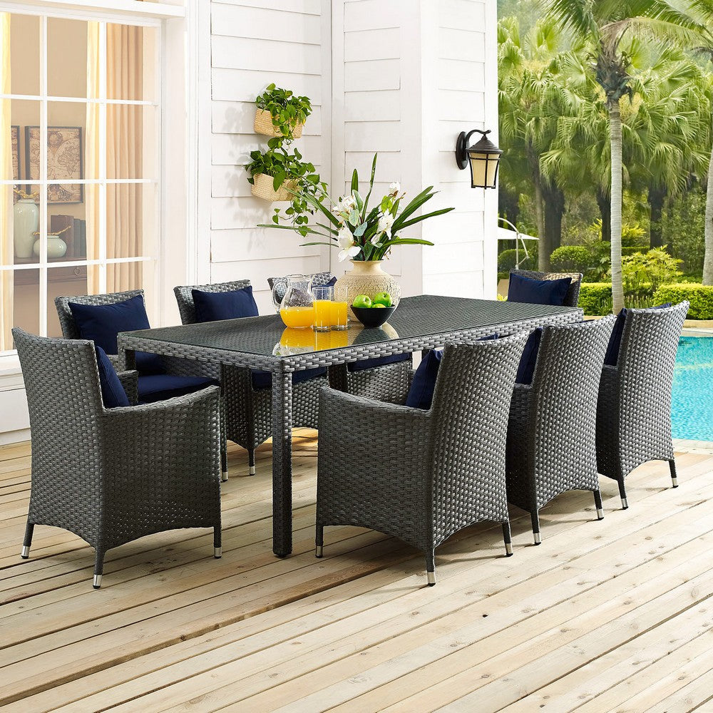 Modway Sojourn Wicker Rattan 7 Piece Outdoor Patio Sunbrella Dining Set in Canvas Navy MDY-EEI-2309-CHC-NAV-SET