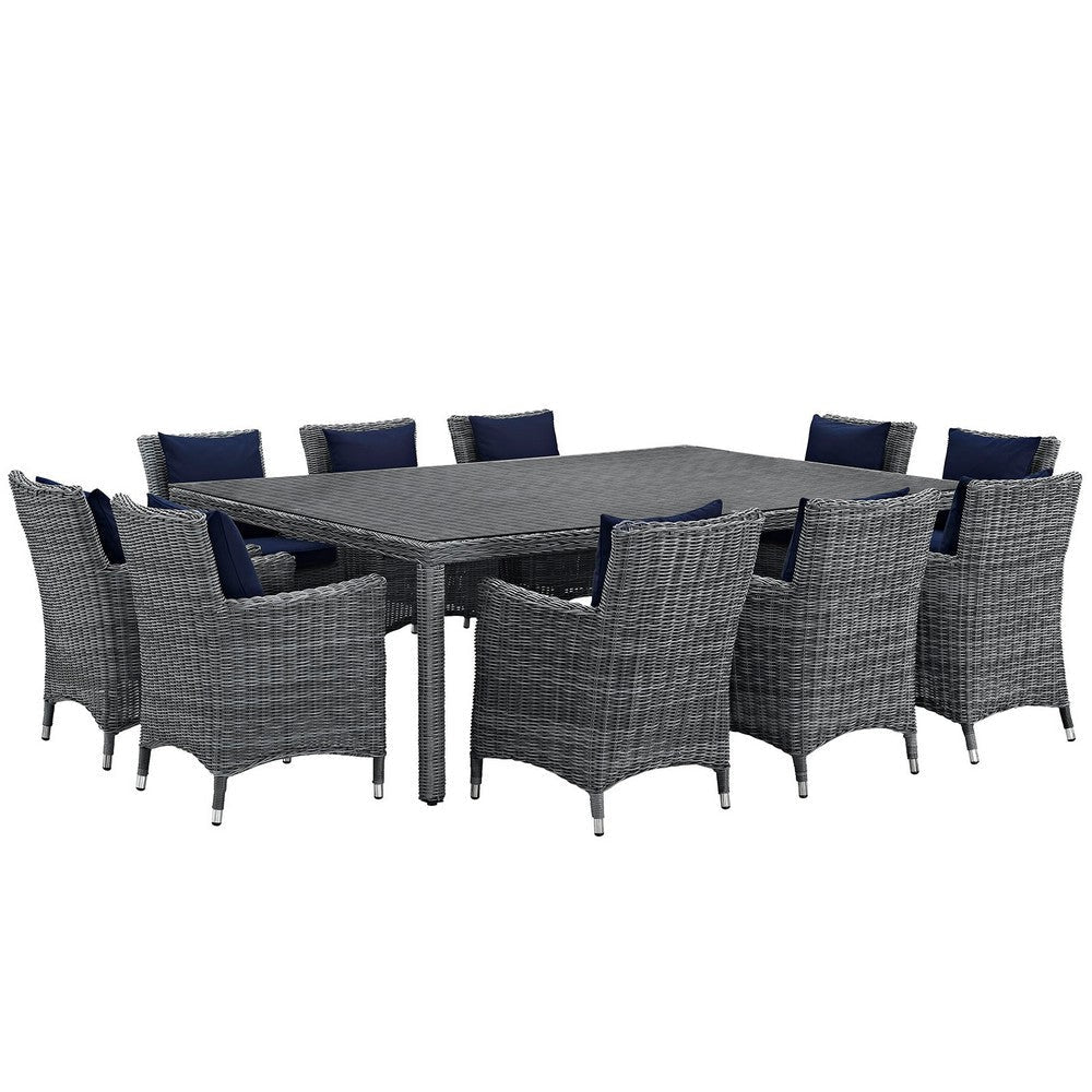 Modway Summon Wicker Rattan Aluminum Outdoor Patio 11-Piece 91" Dining Table and Dining Armchairs with Sunbrella® Fabric Cushions in Canvas Navy