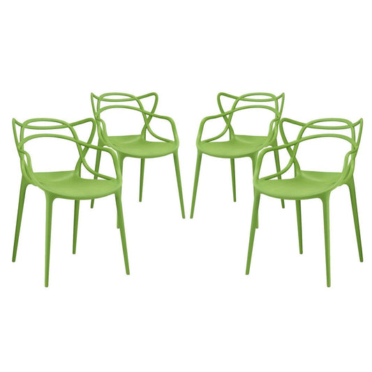 Modway Entangled Modern Molded Plastic Four Dining Armchairs in Green