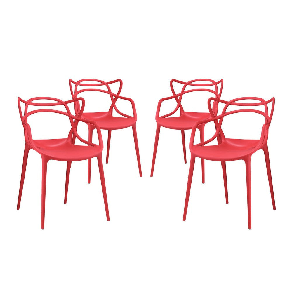 Modway Entangled Modern Molded Plastic Four Dining Armchairs in Red