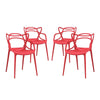 Modway Entangled Modern Molded Plastic Four Dining Armchairs in Red