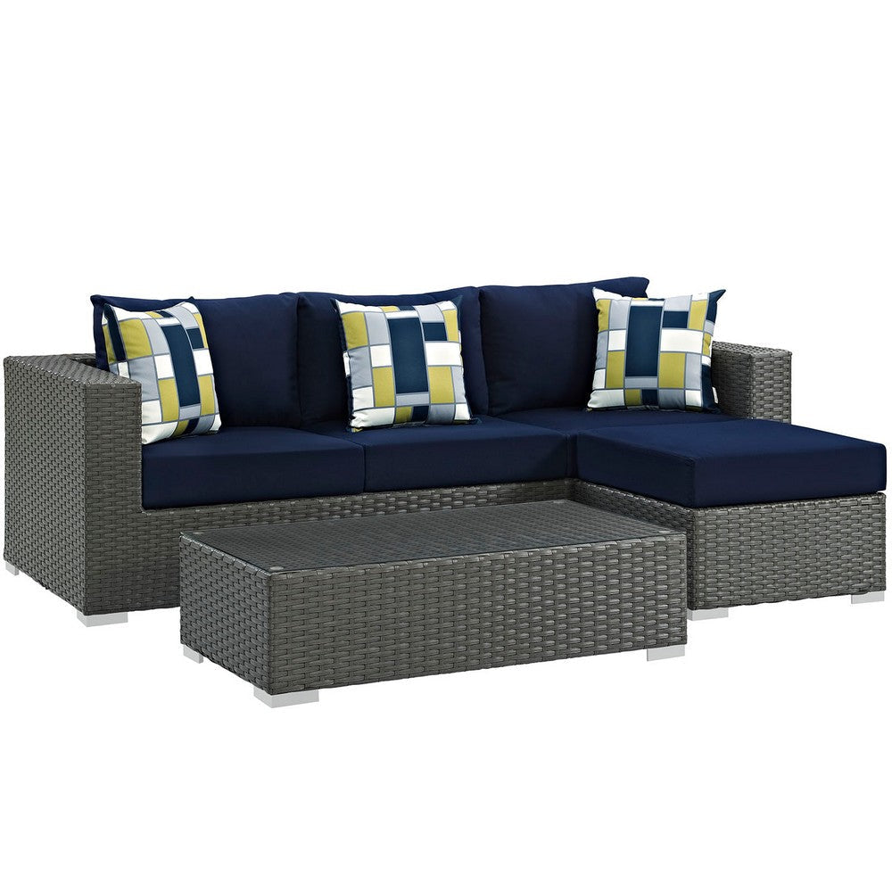 Modway EEI-2384-CHC-NAV-SET Sojourn Wicker Rattan 3 Piece Outdoor Patio Sunbrella Sectional Set in Canvas Navy