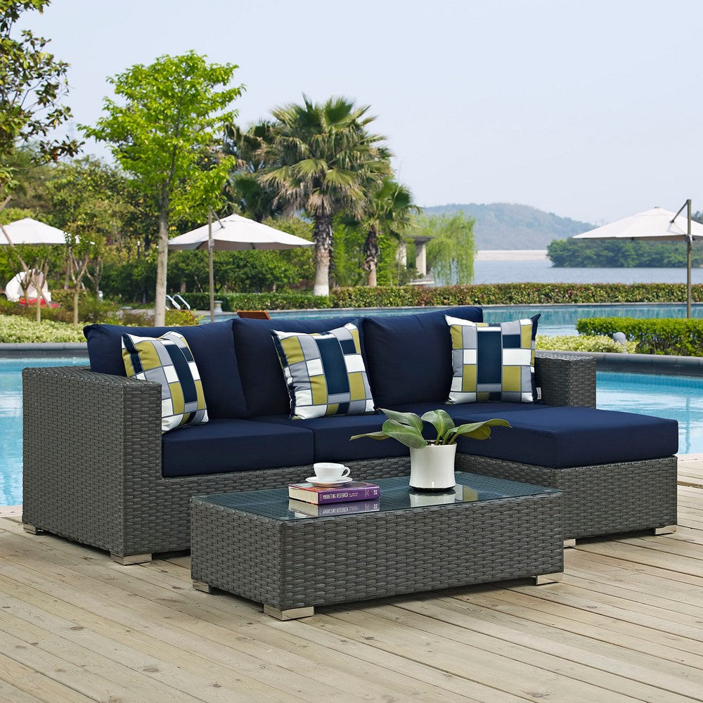 Modway EEI-2384-CHC-NAV-SET Sojourn Wicker Rattan 3 Piece Outdoor Patio Sunbrella Sectional Set in Canvas Navy MDY-EEI-2384-CHC-NAV-SET