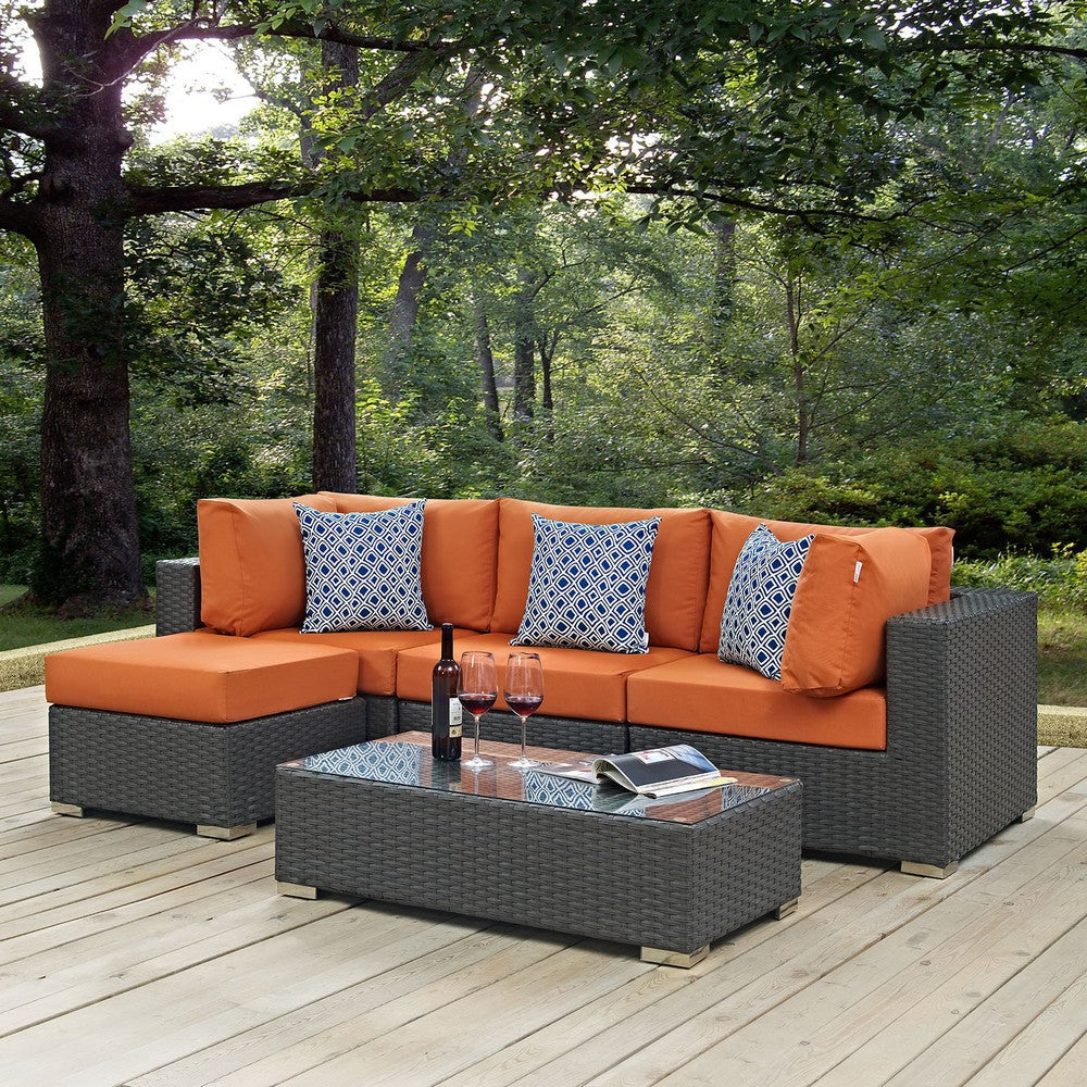 Modway EEI-2385-CHC-TUS-SET Sojourn Wicker Rattan 5 Piece Outdoor Patio Sunbrella Sectional Set Canvas Tuscan Orange