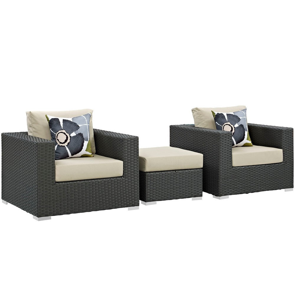 Modway EEI-2386-CHC-BEI-SET Sojourn Wicker Rattan Outdoor Patio Sunbrella Two Armchairs and Ottoman in Canvas Antique Beige