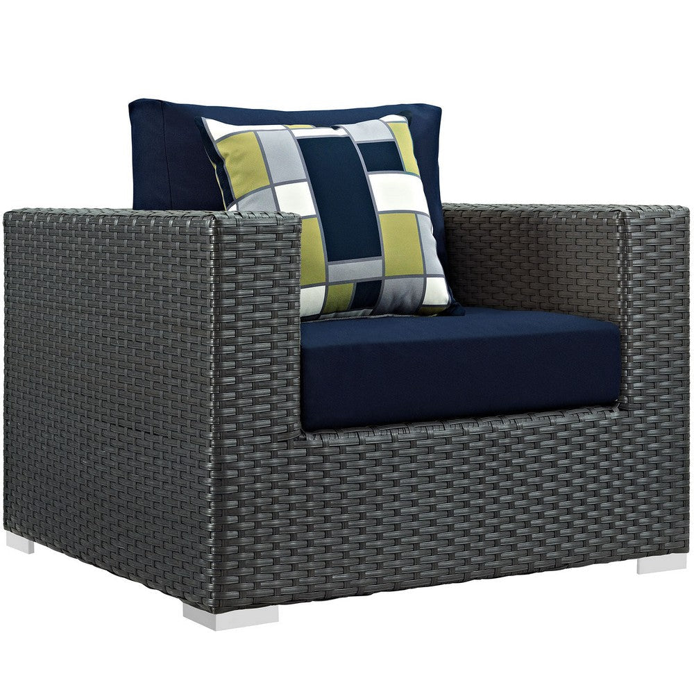 Modway EEI-2386-CHC-NAV-SET Sojourn Wicker Rattan Outdoor Patio Sunbrella Two Armchairs and Ottoman in Canvas Navy MDY-EEI-2386-CHC-NAV-SET