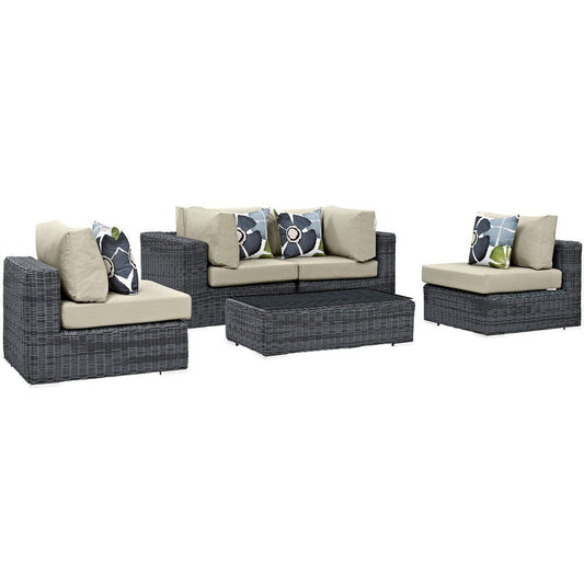 Modway Summon Wicker Rattan Aluminum Outdoor Patio 5-Piece Sectional Sofa Set with Sunbrella® Fabric Cushions in Canvas Antique Beige