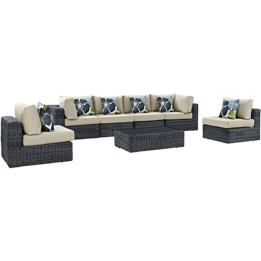 Modway EEI-2392-GRY-BEI-SET Summon 7 Piece Outdoor Patio Sectional Set with Sunbrella Cushions in Canvas Antique Beige