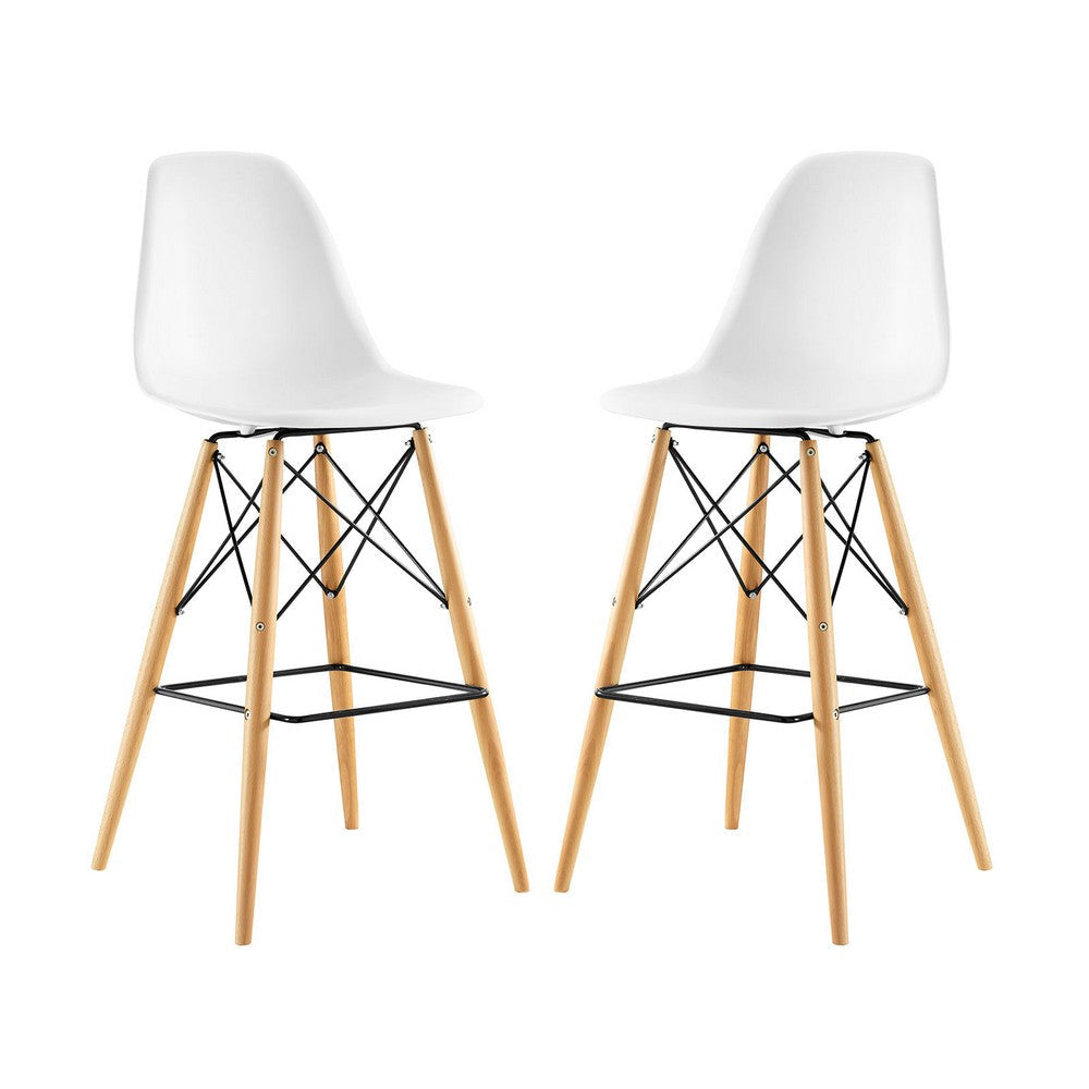 Modway Pyramid Mid-Century Modern Two Bar Stools with Natural Wood Legs in White