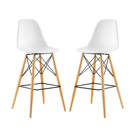 Modway Pyramid Mid-Century Modern Two Bar Stools with Natural Wood Legs in White