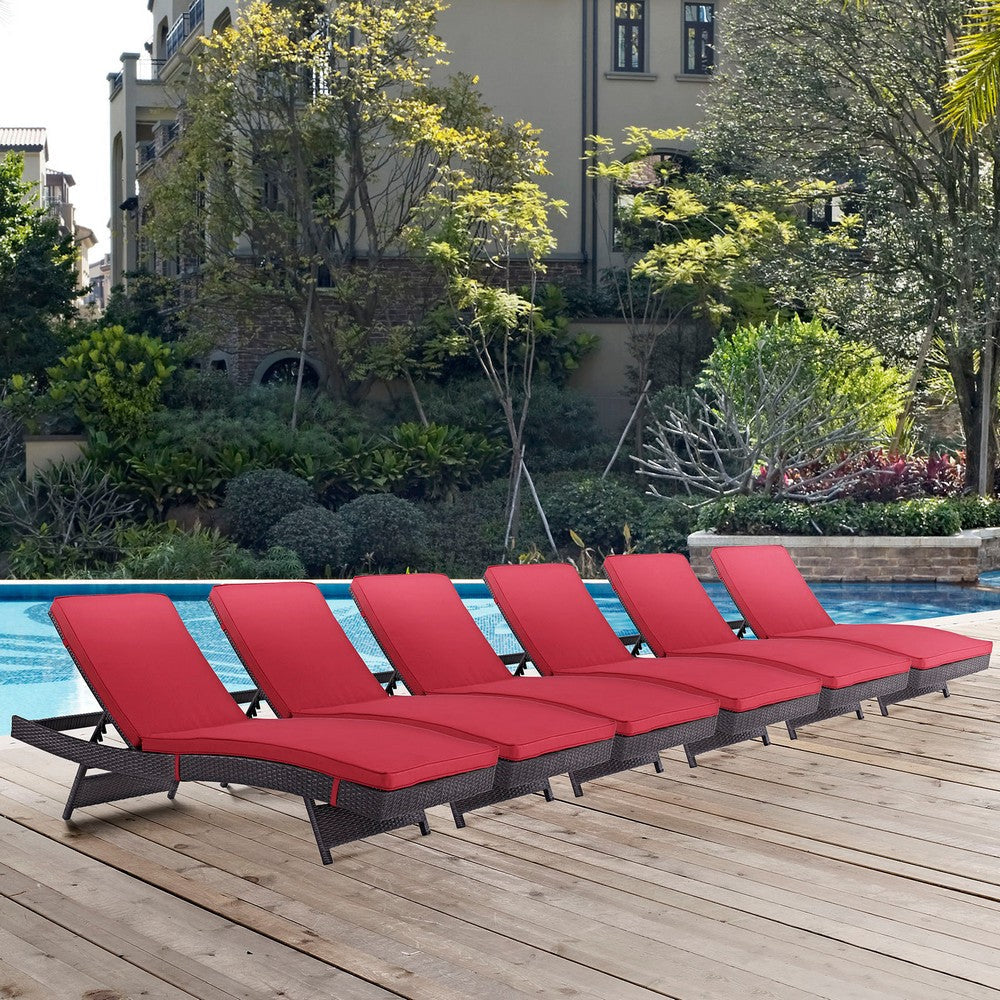 Modway Convene Wicker Rattan Outdoor Patio Chaise Lounge Chairs in Espresso Red - Set of 6 MDY-EEI-2430-EXP-RED-SET