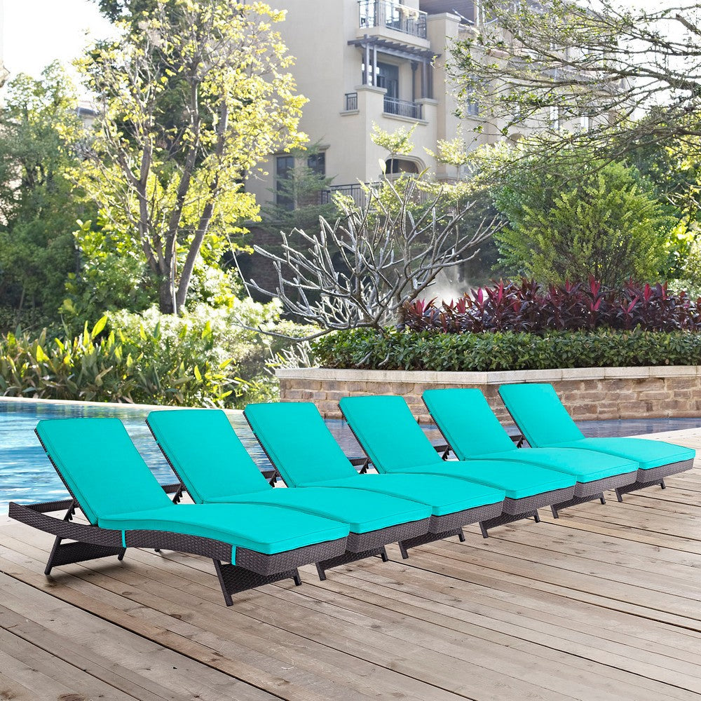 Modway Convene Wicker Rattan Outdoor Patio Chaise Lounge Chairs in Espresso Turquoise - Set of 6 MDY-EEI-2430-EXP-TRQ-SET