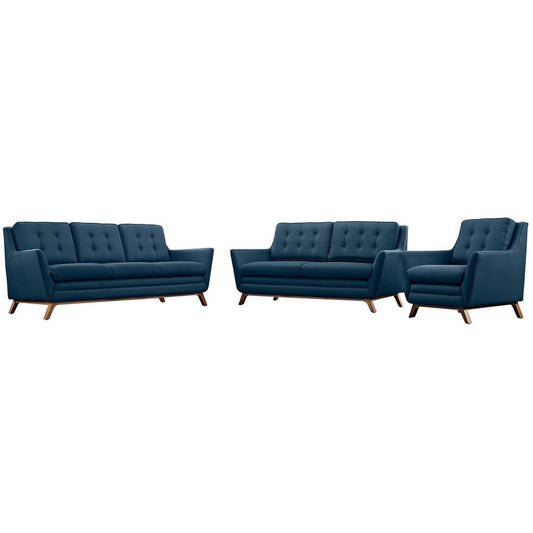 Modway Beguile Mid-Century Modern Sofa Upholstered Fabric with Sofa, Loveseat and Armchair in Azure