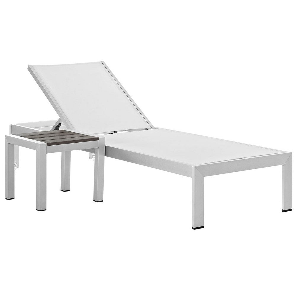 Modway Shore Aluminum Textilene® Mesh Outdoor Patio Poolside Chaise Lounge Chair and Side End Table Set in Silver White