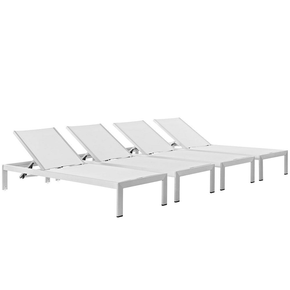 Modway Shore Aluminum Textilene® Mesh Outdoor Patio Four Poolside Chaise Lounge Chairs in Silver White