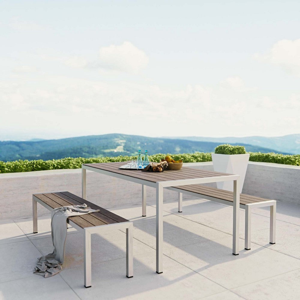 Modway Shore Aluminum Outdoor Patio 3-Piece Dining Set with 71’’ Rectangle Dining Table and Two 67’’ Benches in Silver Gray