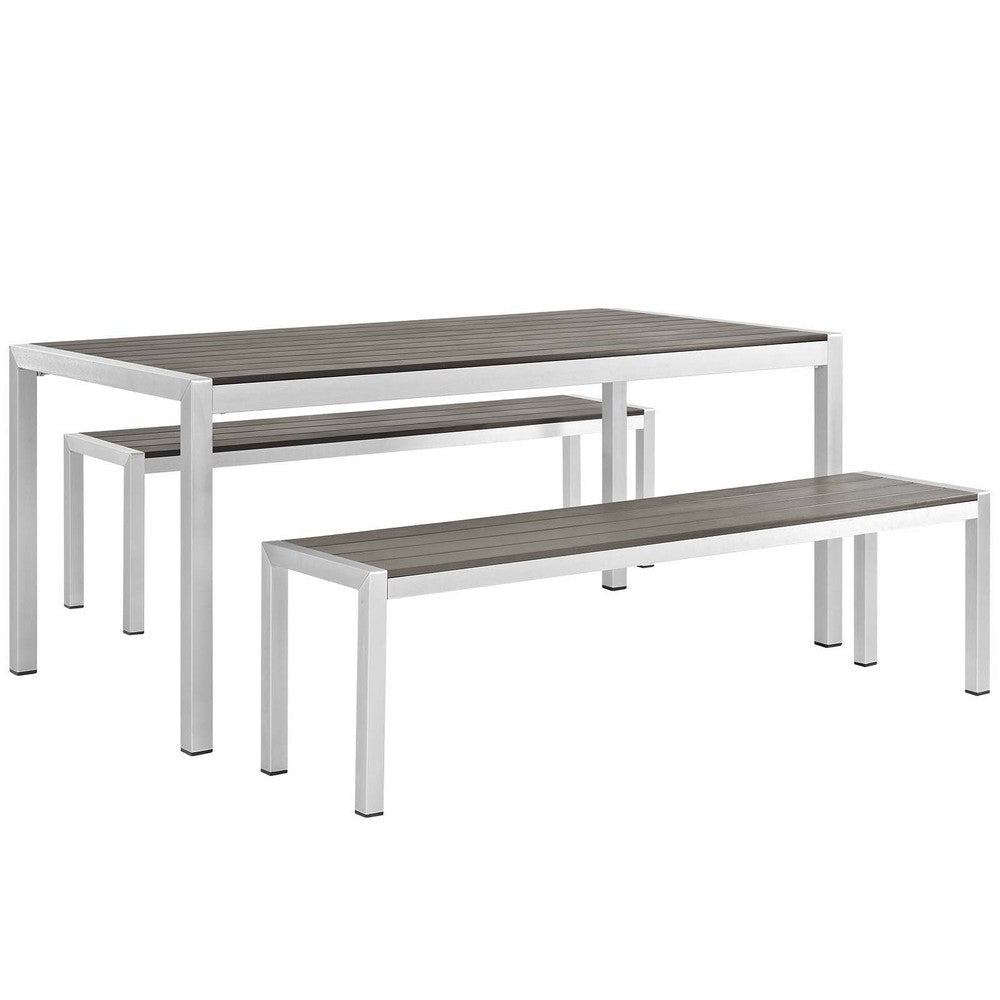 Modway Shore Aluminum Outdoor Patio 3-Piece Dining Set with 71" Rectangle Dining Table and Two 67" Benches in Silver Gray