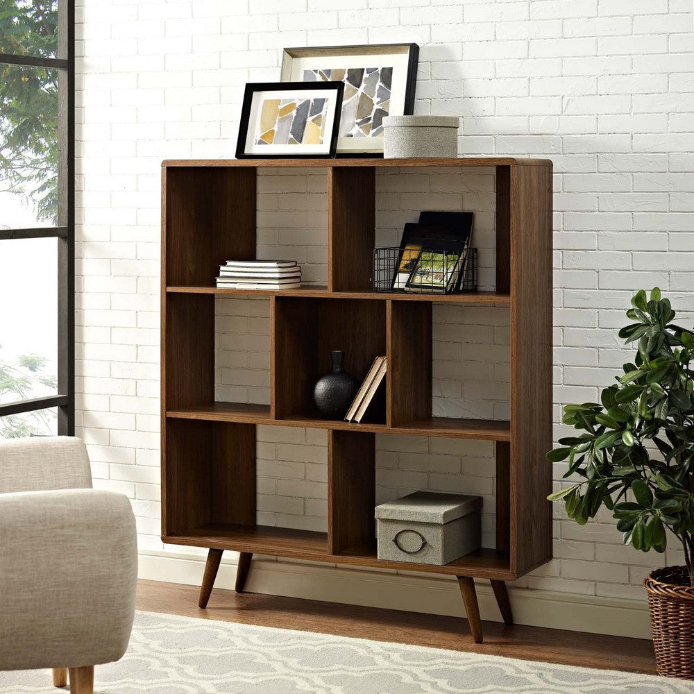 Modway Transmit Mid-Century Offset Cube Wood 7 tier Bookcase in Walnut