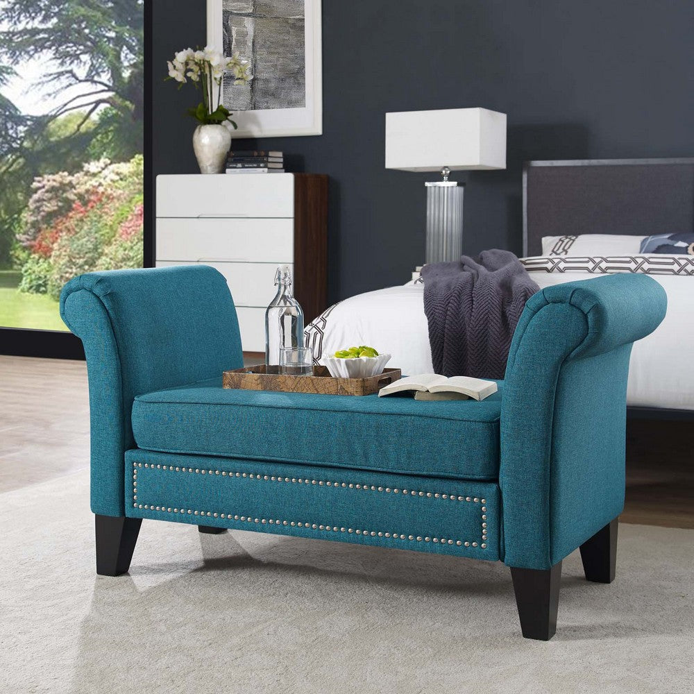 Modway Rendezvous Upholstered Bench in Teal with Rolled Arms and Nailhead Trim