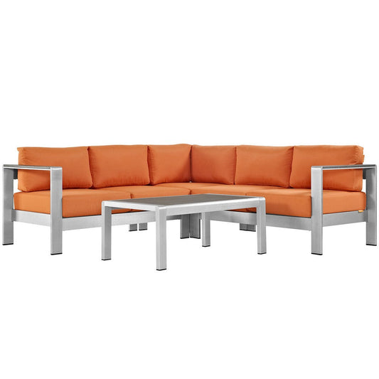 Modway Shore 4-Piece Aluminum Outdoor Patio Sectional Sofa Set in Silver Orange