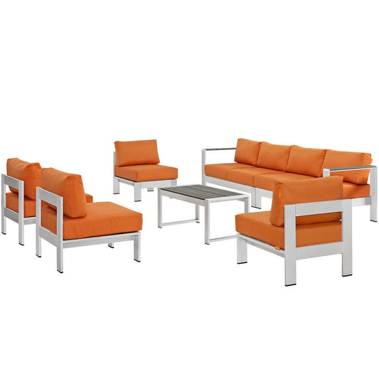 Modway Shore 7-Piece Aluminum Outdoor Patio Sectional Sofa Set in Silver Orange