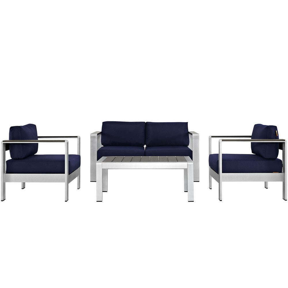 Modway Shore 4-Piece Aluminum Outdoor Patio Furniture Set in Silver Navy