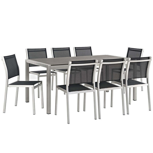 Modway EEI-2583-SLV-BLK-SET Shore 9 Piece Patio Aluminum Set Outdoor Furniture, Dining Set of 9, Silver Black