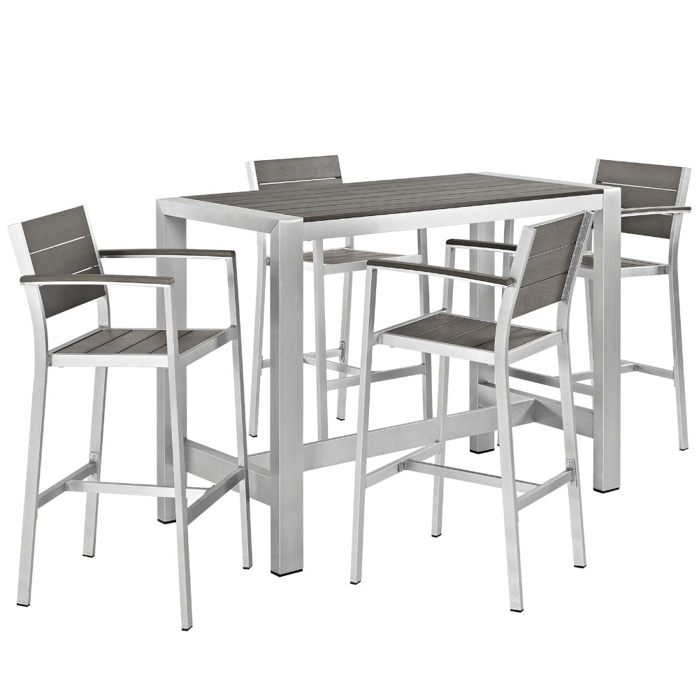 Modway Shore 5-Piece Aluminum Outdoor Patio Pub Bistro Set with Bar Stools in Silver Gray