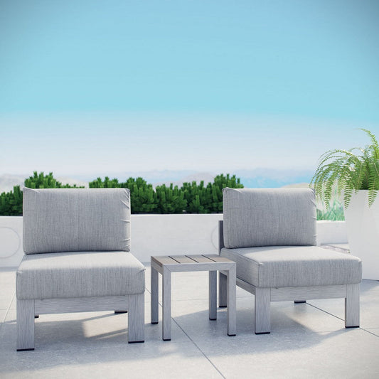 Modway Shore 3-Piece Aluminum Outdoor Patio Furniture Set in Silver Gray, Seating For Two